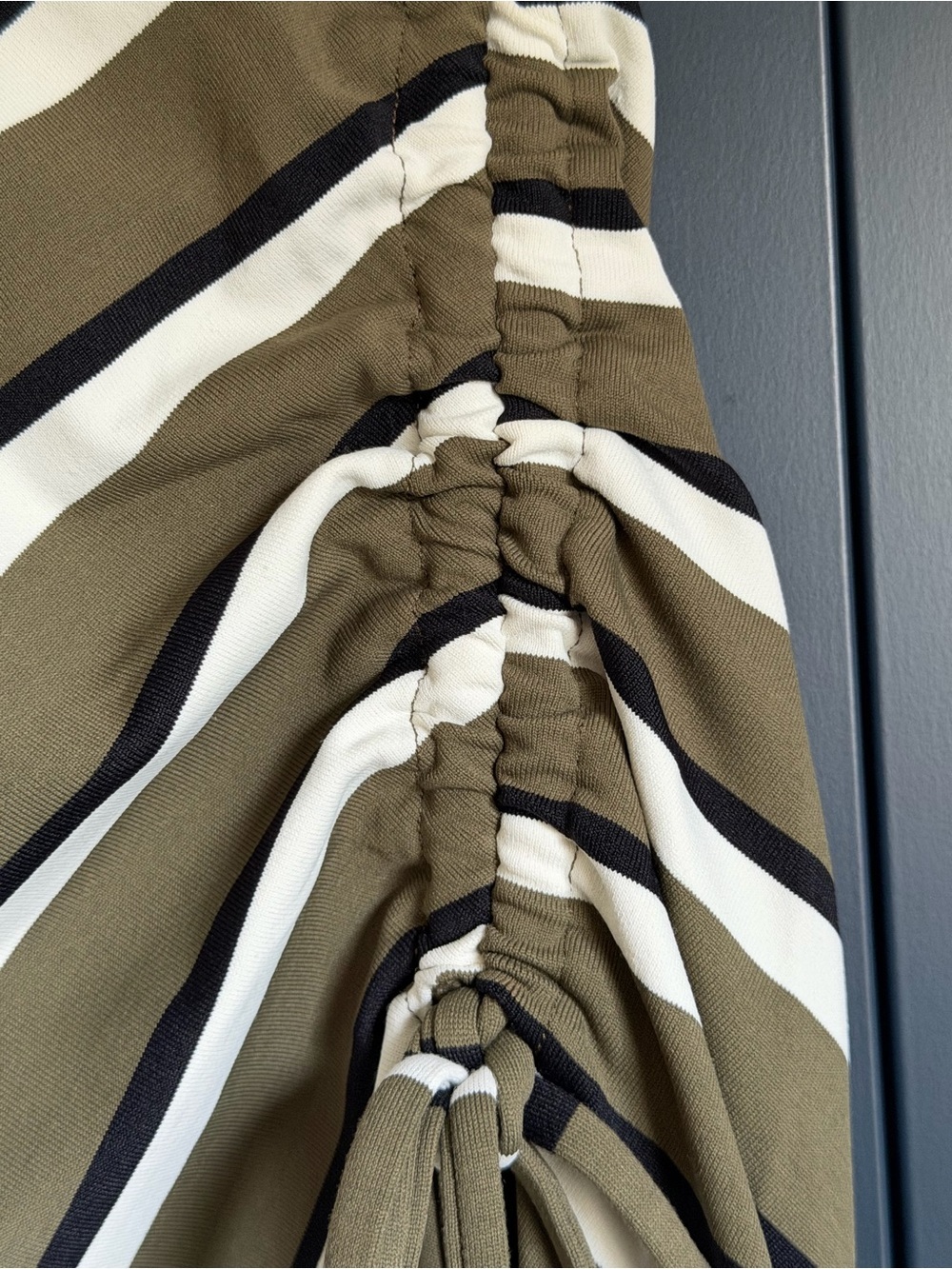 Solid & Striped Olive Green Diagonal Stipe Ruched High Slit Midi Skirt, Size XL - Picture 2 of 9